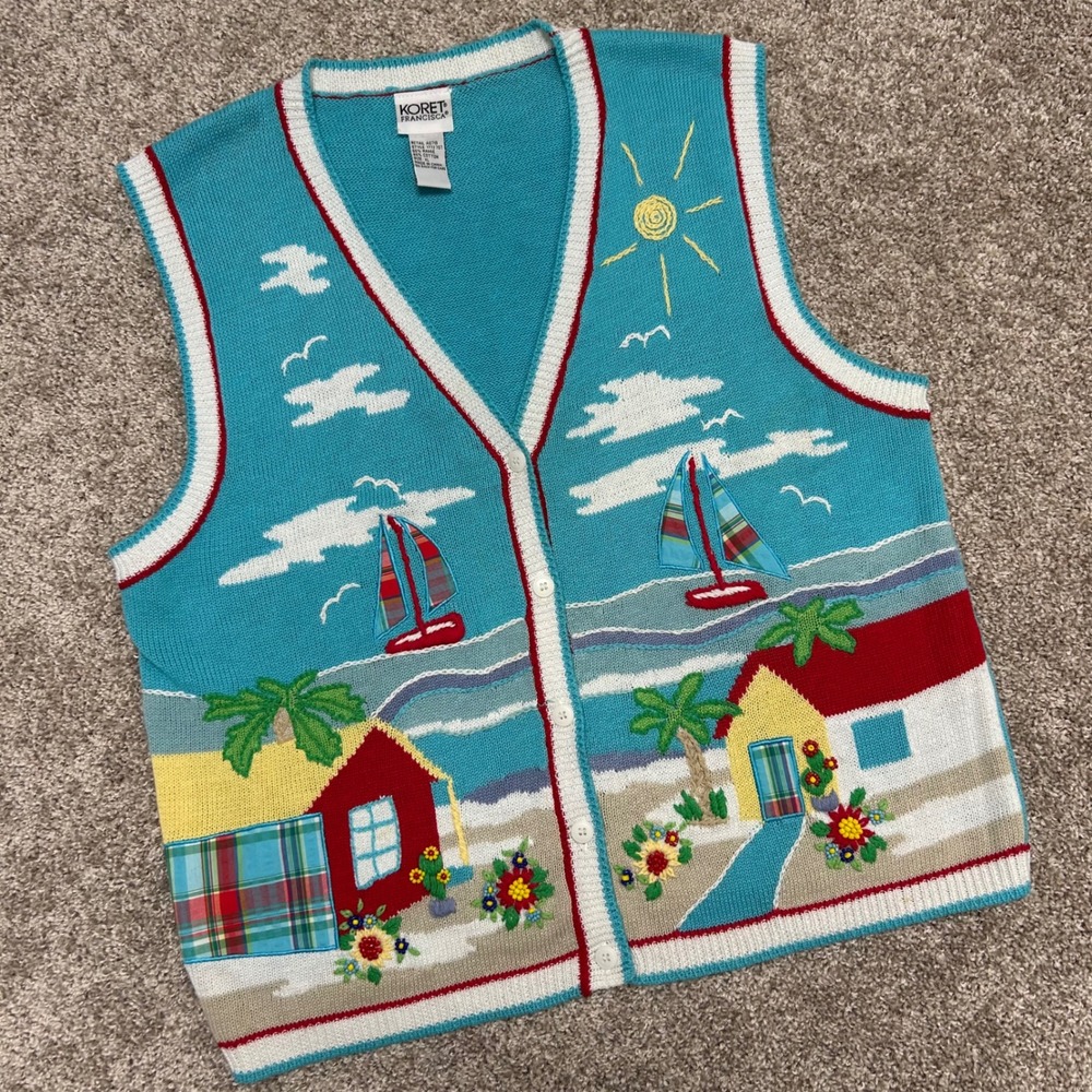Vintage Koret Sweater Vest Beach Ocean Cruise Cottage Core Women Size‎ XL